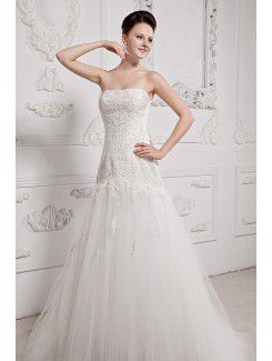 Tulle Strapless Sweep Train A-line Wedding Dress with Embroidered
