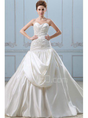 Satin Sweetheart Court Train Ball Gown Wedding Dress with Embroidered