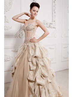 Organza and Satin Sweetheart Sweep Train Ball Gown Wedding Dress with Beading and Ruffle