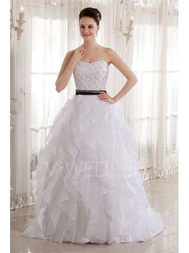 Organza Strapless Sweep Train Ball Gown Wedding Dress with Beading and Sash