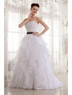 Organza Strapless Sweep Train Ball Gown Wedding Dress with Beading and Sash