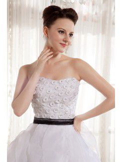 Organza Strapless Sweep Train Ball Gown Wedding Dress with Beading and Sash