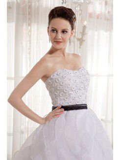 Organza Strapless Sweep Train Ball Gown Wedding Dress with Beading and Sash