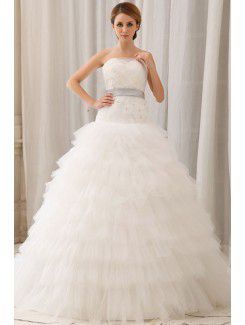 Gauze Strapless Sweep Train Ball Gown Wedding Dress with Flowers