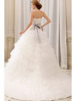 Gauze Strapless Sweep Train Ball Gown Wedding Dress with Flowers