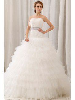 Gauze Strapless Sweep Train Ball Gown Wedding Dress with Flowers