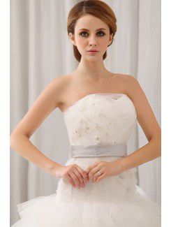 Gauze Strapless Sweep Train Ball Gown Wedding Dress with Flowers