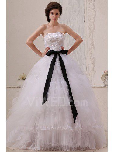 Gauze Strapless Floor Length Ball Gown Wedding Dress with Sash and Embroidered