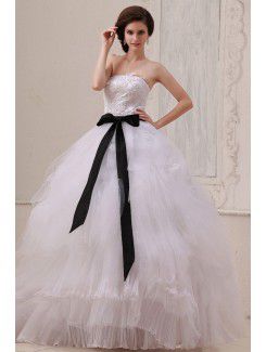 Gauze Strapless Floor Length Ball Gown Wedding Dress with Sash and Embroidered