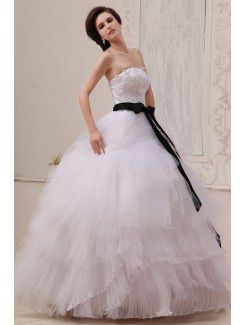 Gauze Strapless Floor Length Ball Gown Wedding Dress with Sash and Embroidered