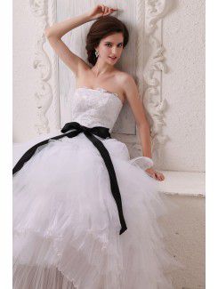 Gauze Strapless Floor Length Ball Gown Wedding Dress with Sash and Embroidered