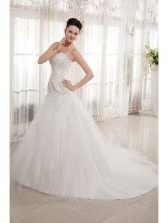 Satin and Tulle Sweetheart Chapel Train A-line Wedding Dress