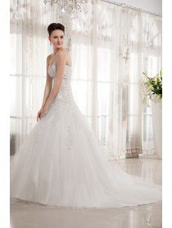 Satin and Tulle Sweetheart Chapel Train A-line Wedding Dress