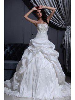 Taffeta Strapless Cathedral Train Ball Gown Wedding Dress with Embroidered and Ruffle