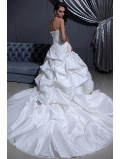 Taffeta Strapless Cathedral Train Ball Gown Wedding Dress with Embroidered and Ruffle