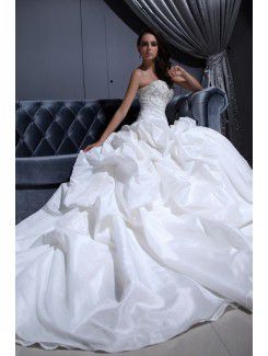 Taffeta Strapless Cathedral Train Ball Gown Wedding Dress with Embroidered and Ruffle