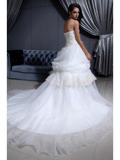 Mesh and Satin Strapless Cathedral Train Ball Gown Wedding Dress