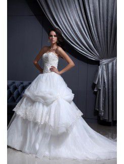 Mesh and Satin Strapless Cathedral Train Ball Gown Wedding Dress