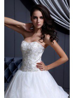 Mesh and Satin Strapless Cathedral Train Ball Gown Wedding Dress