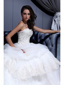 Mesh and Satin Strapless Cathedral Train Ball Gown Wedding Dress