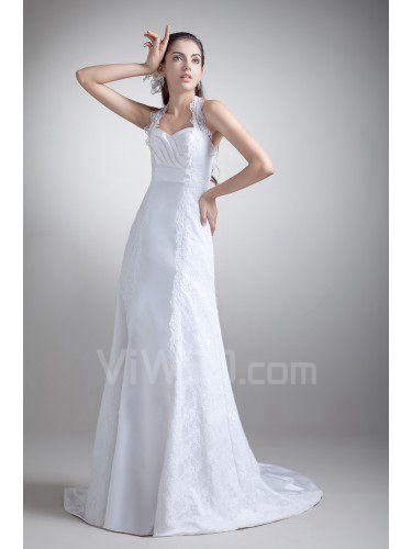 Satin Halter Sweep Train Empire Line Embroidered Wedding Dress