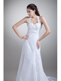 Satin Halter Sweep Train Empire Line Embroidered Wedding Dress