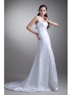 Satin Halter Sweep Train Empire Line Embroidered Wedding Dress