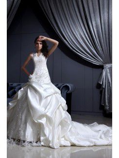 Satin and Lace V-Neckline Cathedral Train Ball Gown Wedding Dress