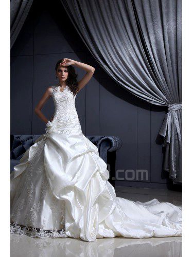 Satin and Lace V-Neckline Cathedral Train Ball Gown Wedding Dress