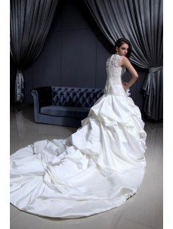 Satin and Lace V-Neckline Cathedral Train Ball Gown Wedding Dress