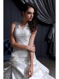 Satin and Lace V-Neckline Cathedral Train Ball Gown Wedding Dress