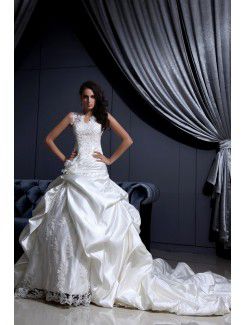 Satin and Lace V-Neckline Cathedral Train Ball Gown Wedding Dress