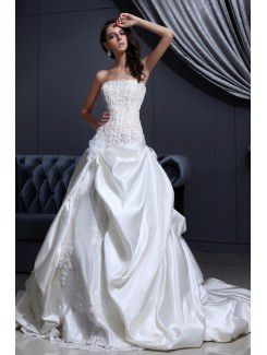 Satin and Lace Strapless Cathedral Train Ball Gown Wedding Dress