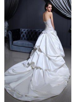 Satin and Lace Strapless Cathedral Train Ball Gown Wedding Dress