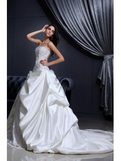 Satin and Lace Strapless Cathedral Train Ball Gown Wedding Dress