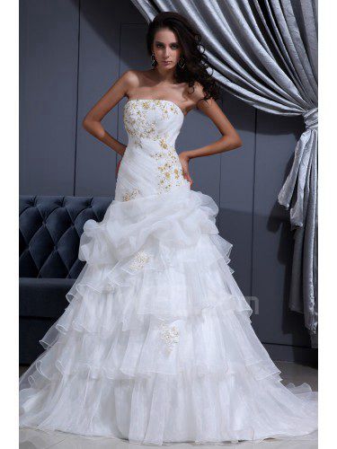 Satin and Organza Strapless Court Train A-line Wedding Dress with Beading