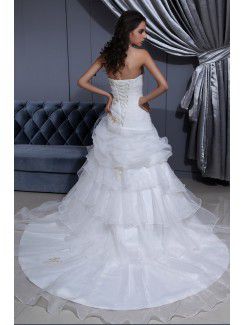 Satin and Organza Strapless Court Train A-line Wedding Dress with Beading