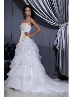 Satin and Organza Strapless Court Train A-line Wedding Dress with Beading