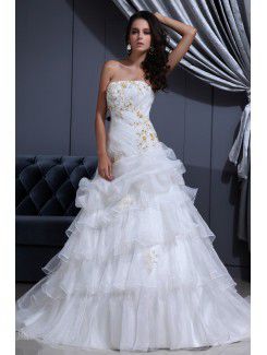 Satin and Organza Strapless Court Train A-line Wedding Dress with Beading