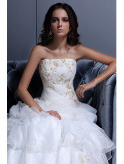 Satin and Organza Strapless Court Train A-line Wedding Dress with Beading