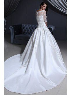 Satin and Lace V-Neckline Chapel Train Ball Gown Wedding Dress with Embroidered and Half-Sleeves