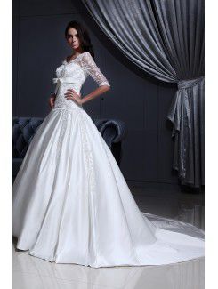 Satin and Lace V-Neckline Chapel Train Ball Gown Wedding Dress with Embroidered and Half-Sleeves