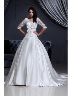 Satin and Lace V-Neckline Chapel Train Ball Gown Wedding Dress with Embroidered and Half-Sleeves