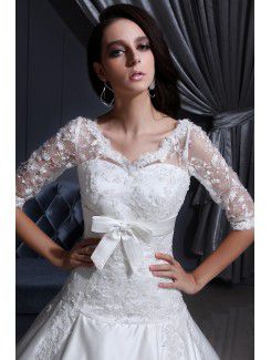 Satin and Lace V-Neckline Chapel Train Ball Gown Wedding Dress with Embroidered and Half-Sleeves