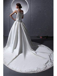 Satin Bateau Chapel Train Ball Gown Wedding Dress with Embroidered