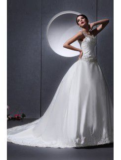 Satin Bateau Chapel Train Ball Gown Wedding Dress with Embroidered