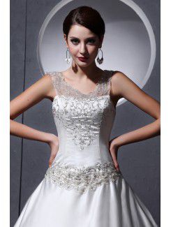 Satin Bateau Chapel Train Ball Gown Wedding Dress with Embroidered