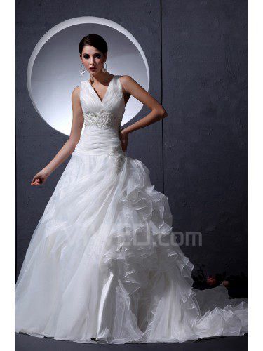 Organza scollo a v treno corte a-line abito da sposa