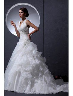 Organza V-Neckline Court Train A-line Wedding Dress