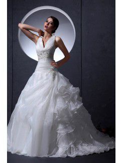 Organza V-Neckline Court Train A-line Wedding Dress